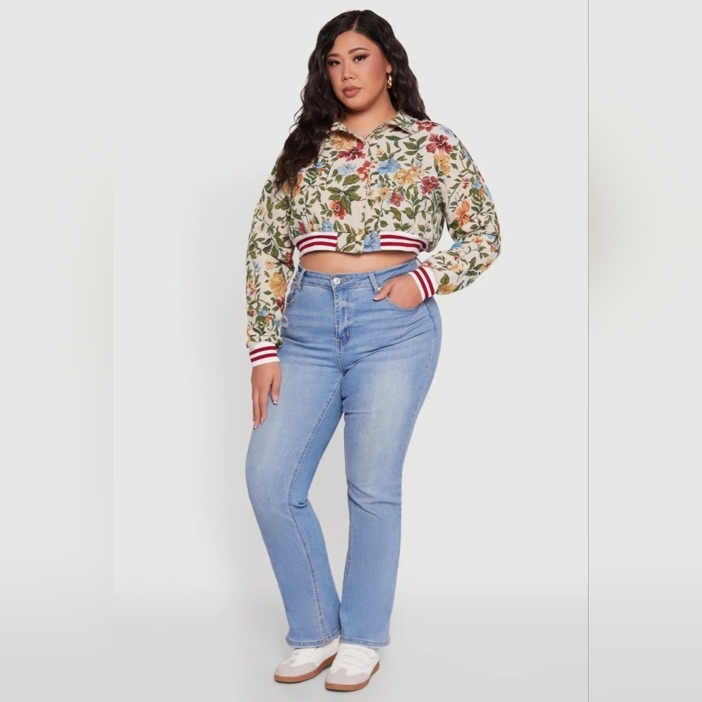 Plus Size Floral Print Cropped Varsity Stripe Jacket - Tan Size M